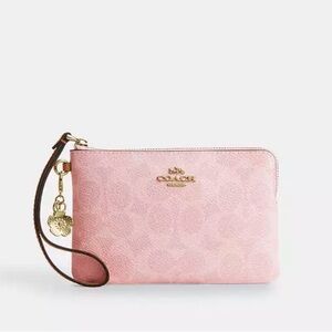 Coach Corner Zip Wristlet In Signature Canvas With Charms In Pink CEF72 NWT